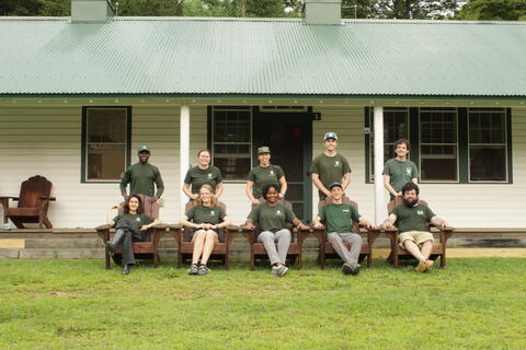 2024 Forest Crew. Back row: Bernard Nyanzu, Leah Snavely, Gracie Bachmann, Nate McMullen, Franklin Bertellotti. Front row: Alice Gerow, Kate Regan-Loomis, Grace Dominic, Owen Klein, and Aaron Donato. Photo: Chloe Arner.