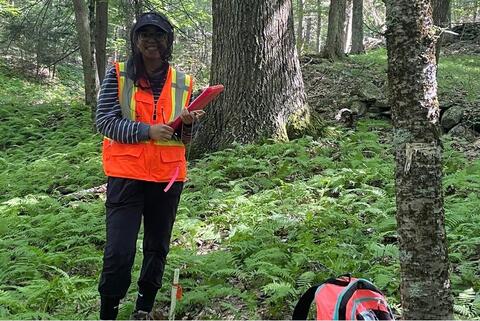 Maliah Ryan next to one of the hundreds of PVC pipe plot centers the Ingalls team located over the course of the summer.