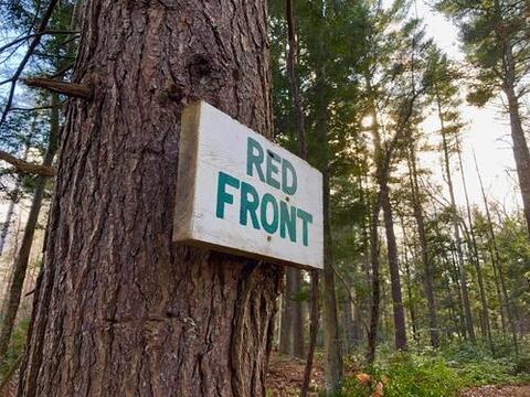 White sign on a tree in a forest. Green letters on the sign say "RED FRONT"