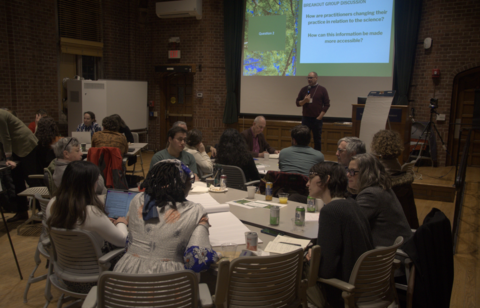 A small breakout group of researchers, decision makers, and forestry practitioners shares perspectives on the best ways to make the latest scientific information on forest carbon accessible to land managers on February 1, 2024. Photo: The Forests Dialogue. 