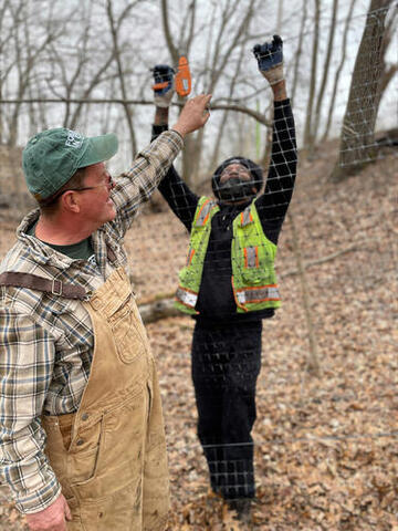 URI's Chris Ozyck and EMERGE CT's Tabari Hasim install deer fencing to prevent browsing of planted oak seedlings in plots in Edgewood Park as part of a collaborative study on oak regeneration under climate change in March 2023. Photo by: Anna Pickett.