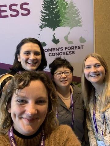 Liz Felker ’18 MESc (bottom), Sara Santiago ’19 MF (top left), Jules Chen ’24 MF, and Diana Satkauskas ’24 MF represent The Forest School at the inaugural Women’s Forest Congress.  