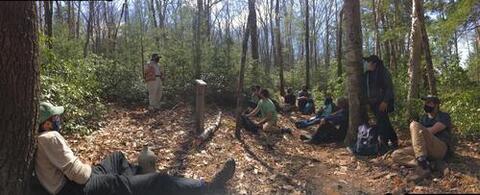 Professor Ashton lectures on silviculture along the Red Front Trail. Photo courtesy of Viola Taubmann ’21 MEM and Andrew Currie ’21 MF. 